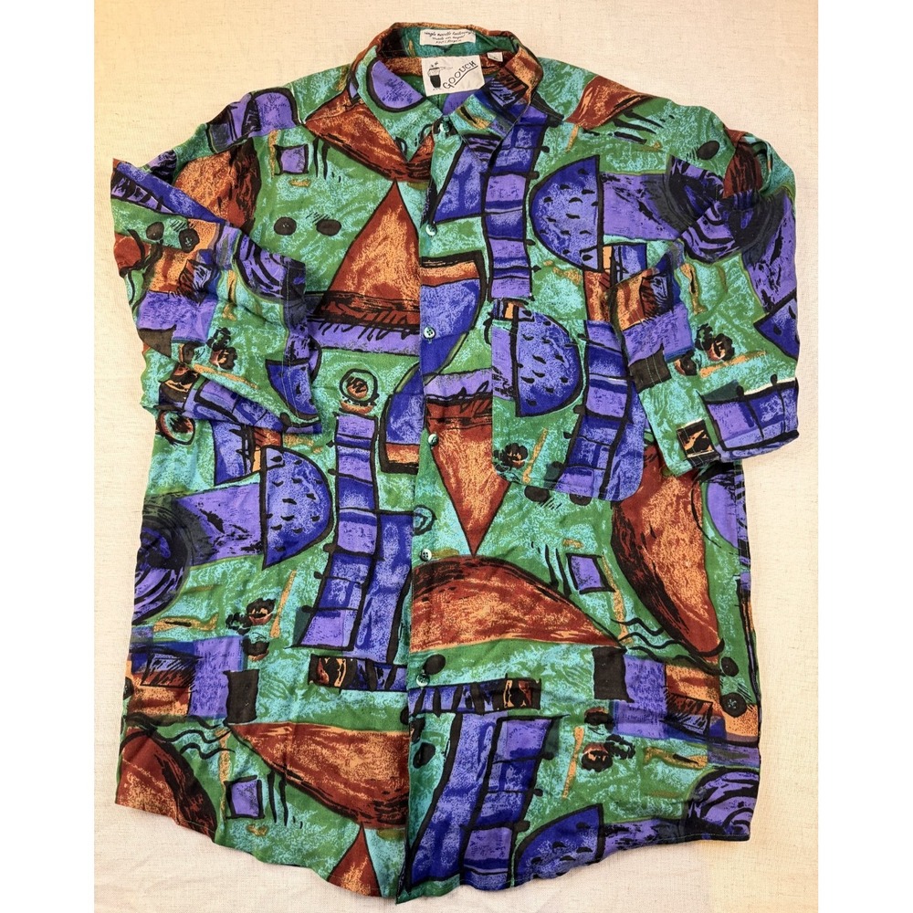 Vintage Goouch Abstract Art Button Up Shirt Size Large Short Sleeve